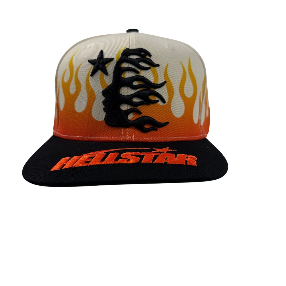 Hellstar Path to Paradise Flame Snapback Hat White Orange Black Streetwear Cap